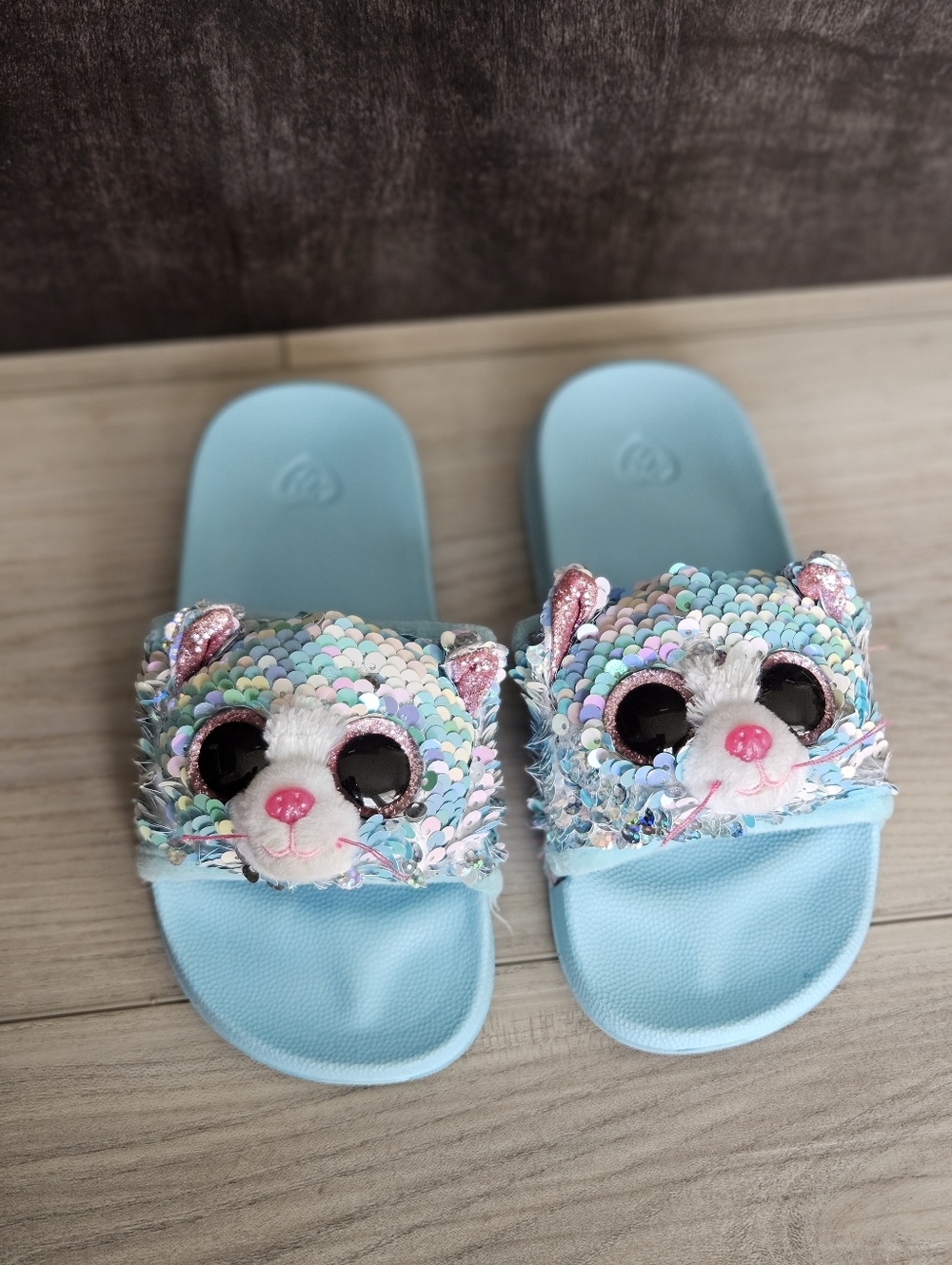 Ty Beanie Boos WHIMSY the Cat Pool Slides Sandals Sequin Blue Girls Size M 11-13